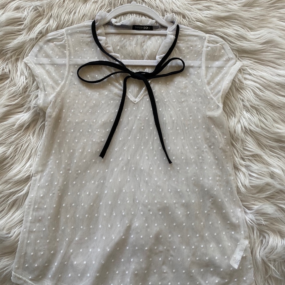 White Mesh Top with Black Bow Tie
